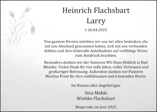 Traueranzeige von Heinrich Flachsbart von Deister- und Weserzeitung