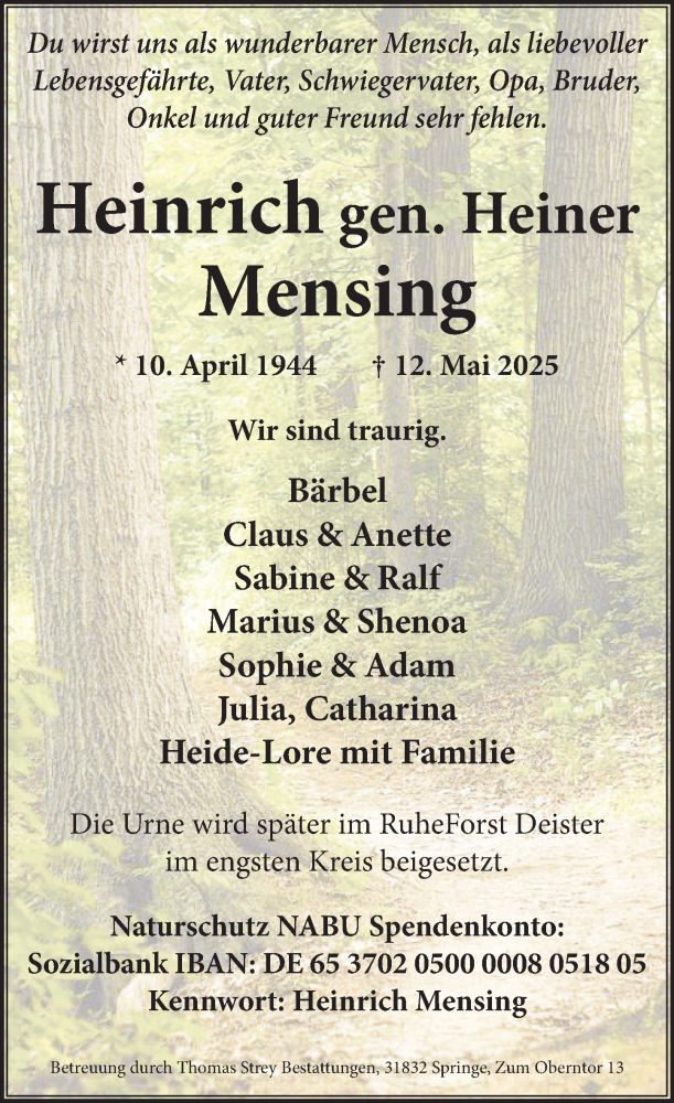  Traueranzeige für Heinrich Mensing vom 07.06.2025 aus Neue Deister-Zeitung