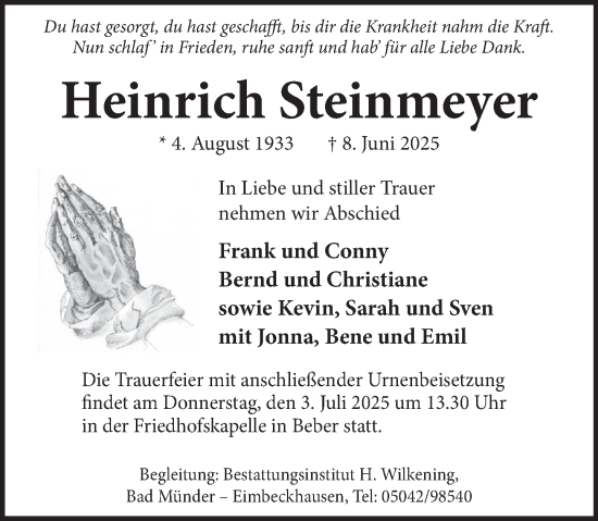 Traueranzeige von Heinrich Steinmeyer von Neue Deister-Zeitung