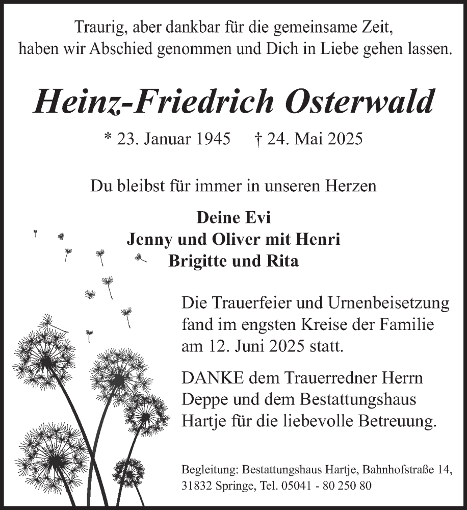  Traueranzeige für Heinz-Friedrich Osterwald vom 21.06.2025 aus Neue Deister-Zeitung