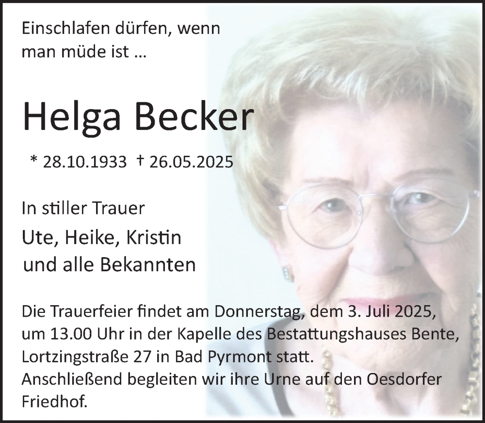  Traueranzeige für Helga Becker Becker vom 28.06.2025 aus Deister- und Weserzeitung