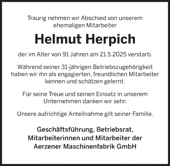 Traueranzeige von Helmut Herpich von Deister- und Weserzeitung