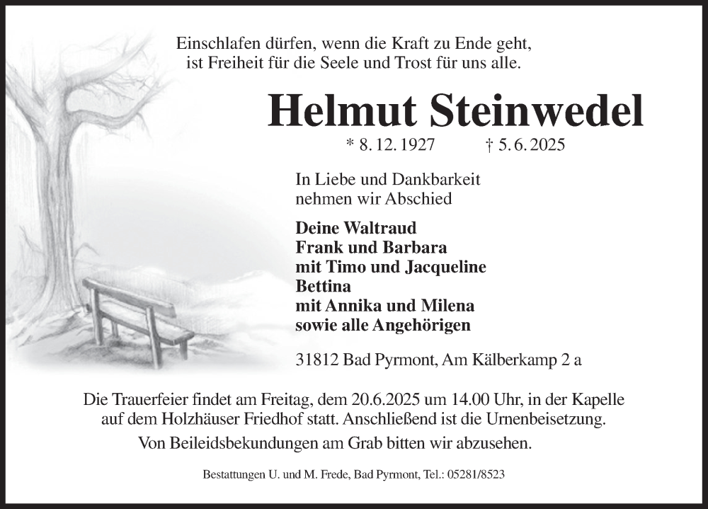  Traueranzeige für Helmut Steinwedel vom 14.06.2025 aus Deister- und Weserzeitung