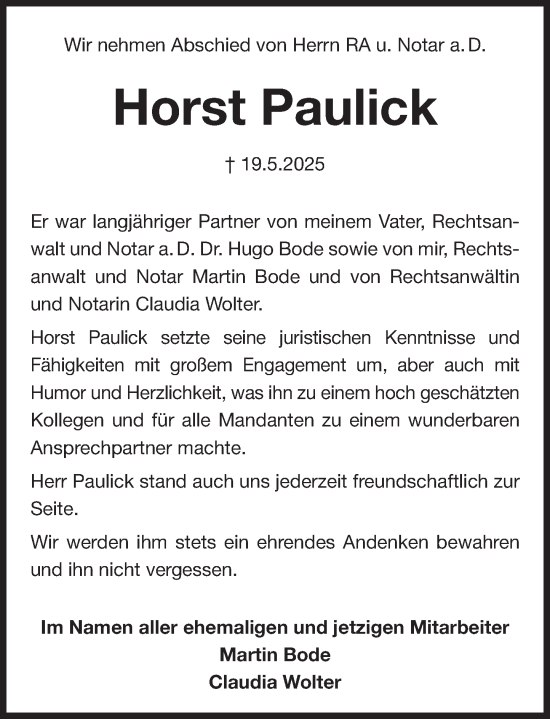 Traueranzeige von Horst Paulick von Deister- und Weserzeitung