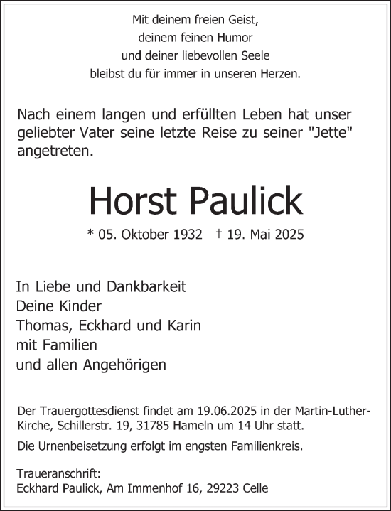 Traueranzeige von Horst Paulick von Deister- und Weserzeitung