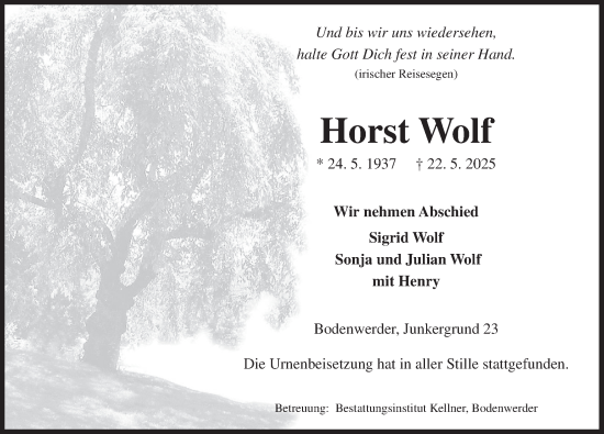 Traueranzeige von Horst Wolf von Deister- und Weserzeitung