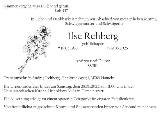 Traueranzeige von Ilse Rehberg von Deister- und Weserzeitung