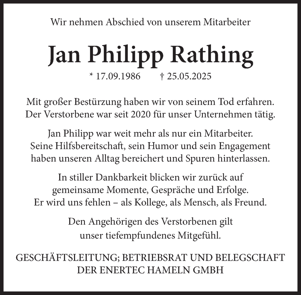  Traueranzeige für Jan-Philipp Rathing vom 07.06.2025 aus Deister- und Weserzeitung