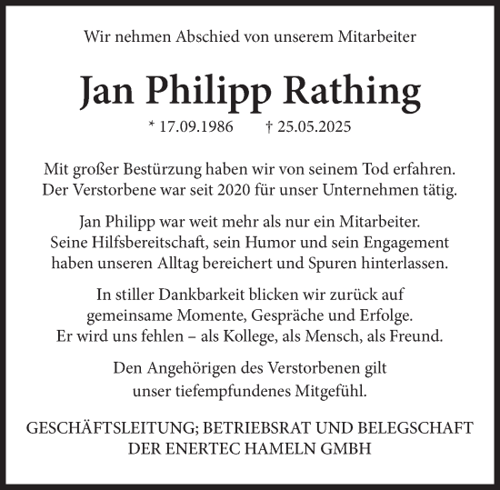Traueranzeige von Jan-Philipp Rathing von Deister- und Weserzeitung