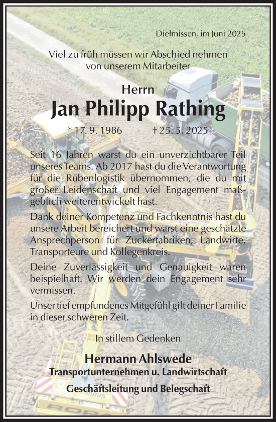 Traueranzeige von Jan Philipp Rathing von Deister- und Weserzeitung