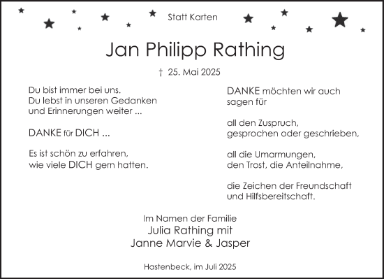 Traueranzeige von Jan Philipp Rathing von Deister- und Weserzeitung
