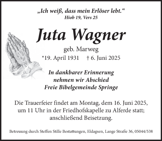 Traueranzeige von Juta Wagner von Neue Deister-Zeitung