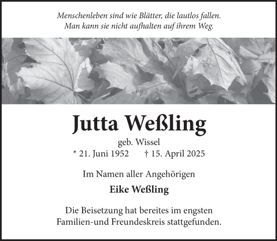 Traueranzeige von Jutta Weßling von Neue Deister-Zeitung