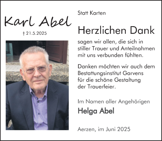 Traueranzeige von Karl Abel von Deister- und Weserzeitung