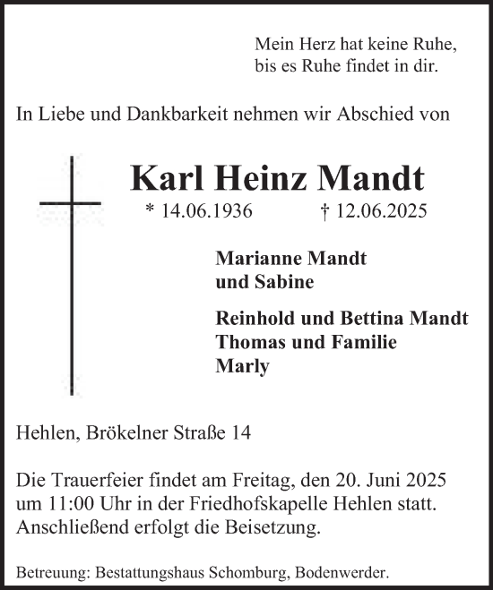 Traueranzeige von Karl Heinz Mandt von Deister- und Weserzeitung
