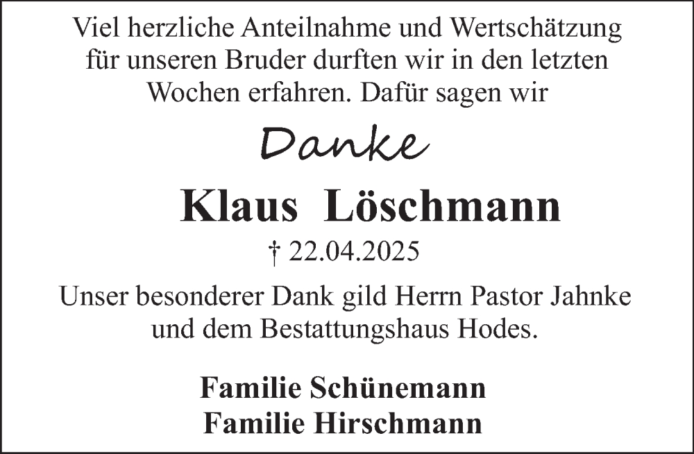  Traueranzeige für Klaus Löschmann vom 07.06.2025 aus Deister- und Weserzeitung