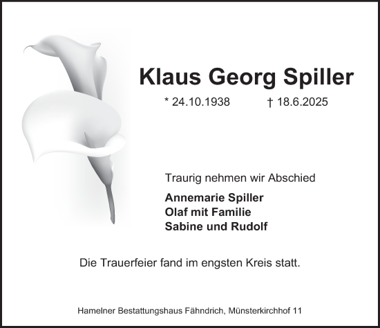 Traueranzeige von Klaus Georg Spiller von Deister- und Weserzeitung