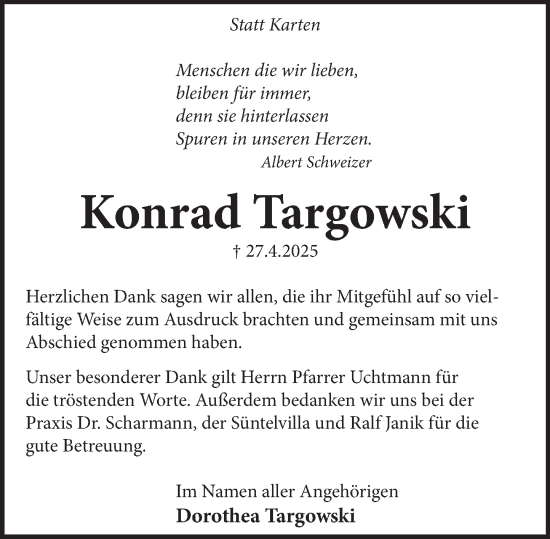 Traueranzeige von Konrad Targowski von Neue Deister-Zeitung
