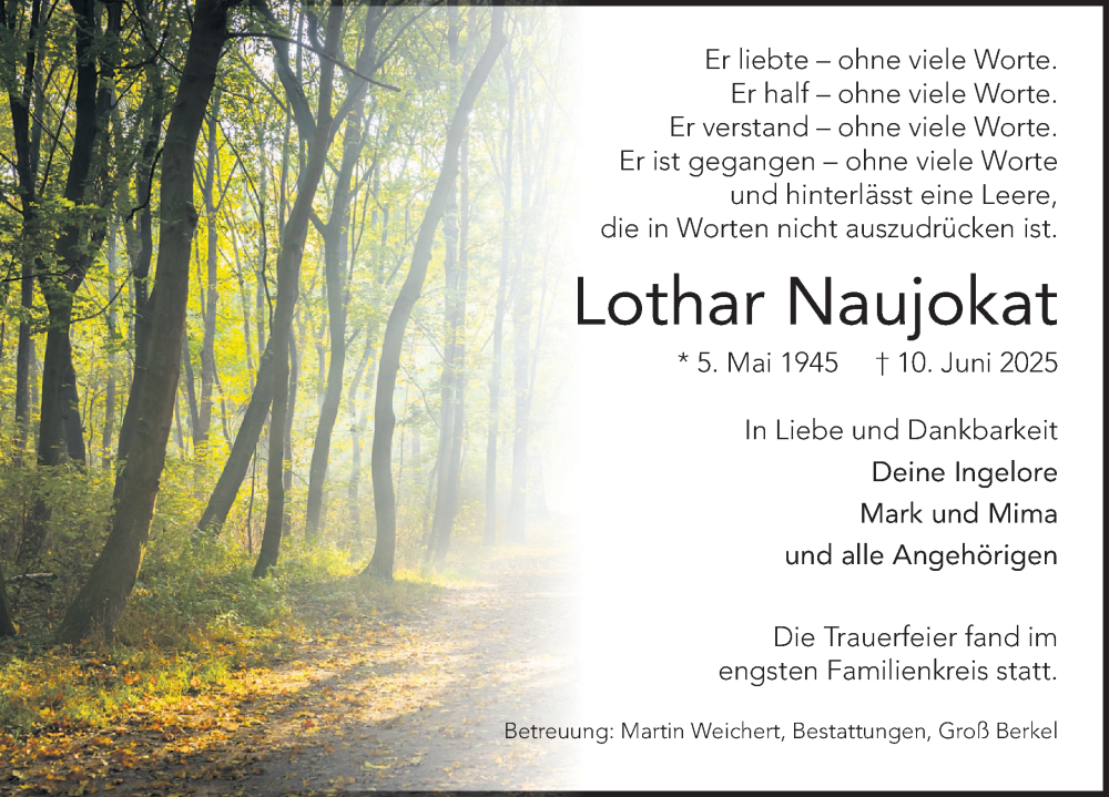  Traueranzeige für Lothar Naujokat vom 28.06.2025 aus Deister- und Weserzeitung