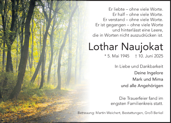 Traueranzeige von Lothar Naujokat von Deister- und Weserzeitung