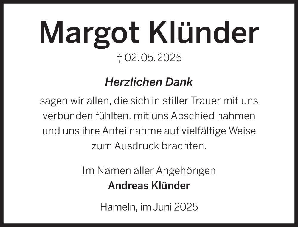  Traueranzeige für Margot Klünder vom 14.06.2025 aus Deister- und Weserzeitung
