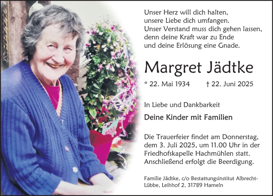 Traueranzeige von Margret Jädtke von Deister- und Weserzeitung