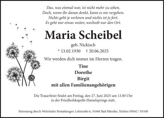 Traueranzeige von Maria Scheibel von Neue Deister-Zeitung
