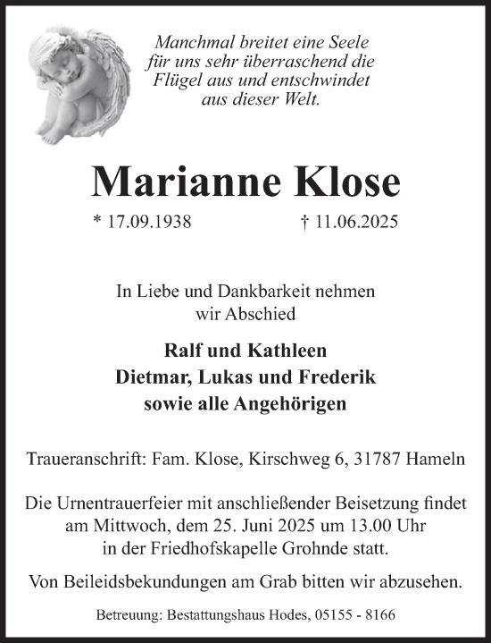 Traueranzeige von Marianne Klose von Deister- und Weserzeitung