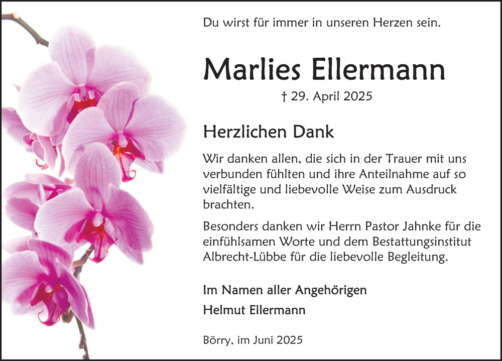  Traueranzeige für Marlies Ellermann vom 21.06.2025 aus Deister- und Weserzeitung