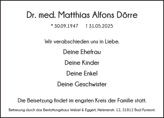 Traueranzeige von Matthias Alfons Dörre von Deister- und Weserzeitung