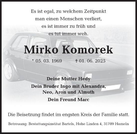 Traueranzeige von Mirko Komorek von Deister- und Weserzeitung