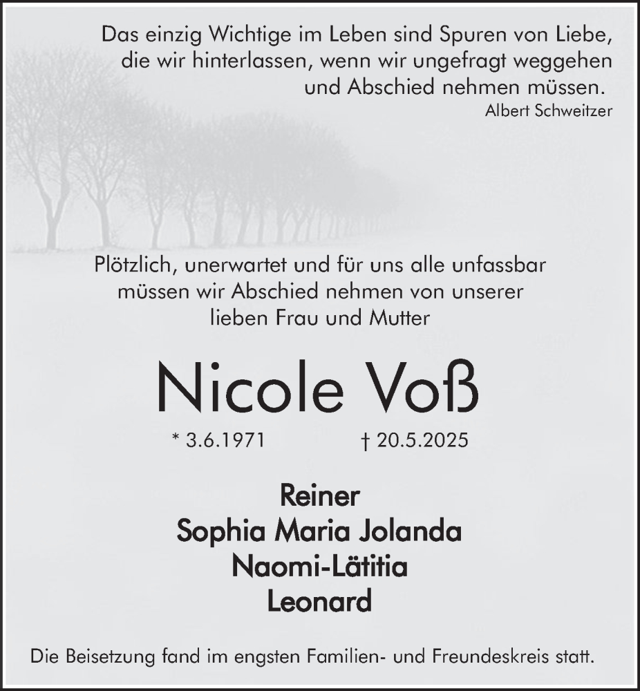  Traueranzeige für Nicole Voß vom 07.06.2025 aus Deister- und Weserzeitung