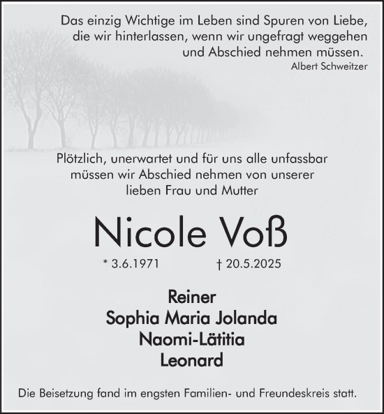 Traueranzeige von Nicole Voß von Deister- und Weserzeitung