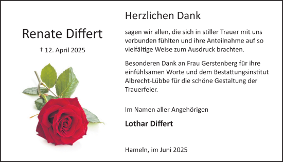 Traueranzeige von Renate Differt von Deister- und Weserzeitung