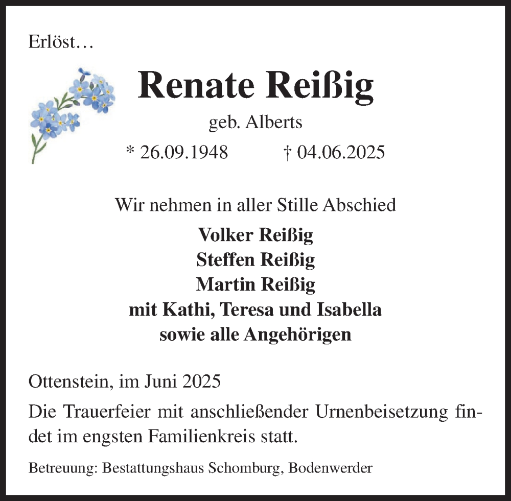 Traueranzeige für Renate Reißig vom 11.06.2025 aus Deister- und Weserzeitung