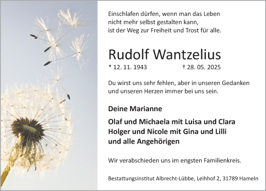Traueranzeige von Rudolf Wantzelius von Deister- und Weserzeitung