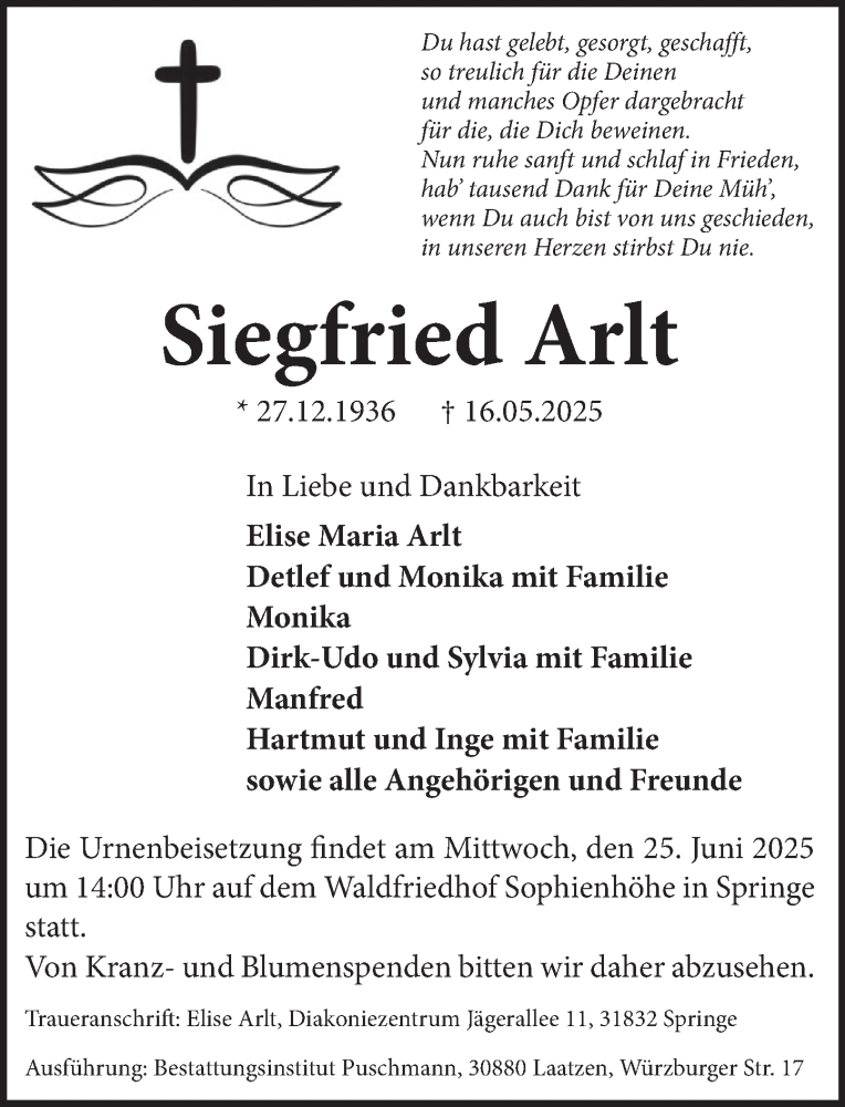  Traueranzeige für Siegfried Arlt vom 14.06.2025 aus Neue Deister-Zeitung
