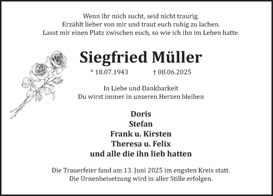 Traueranzeige von Siegfried Müller von Deister- und Weserzeitung