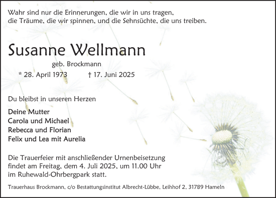 Traueranzeige von Susanne Wellmann von Deister- und Weserzeitung
