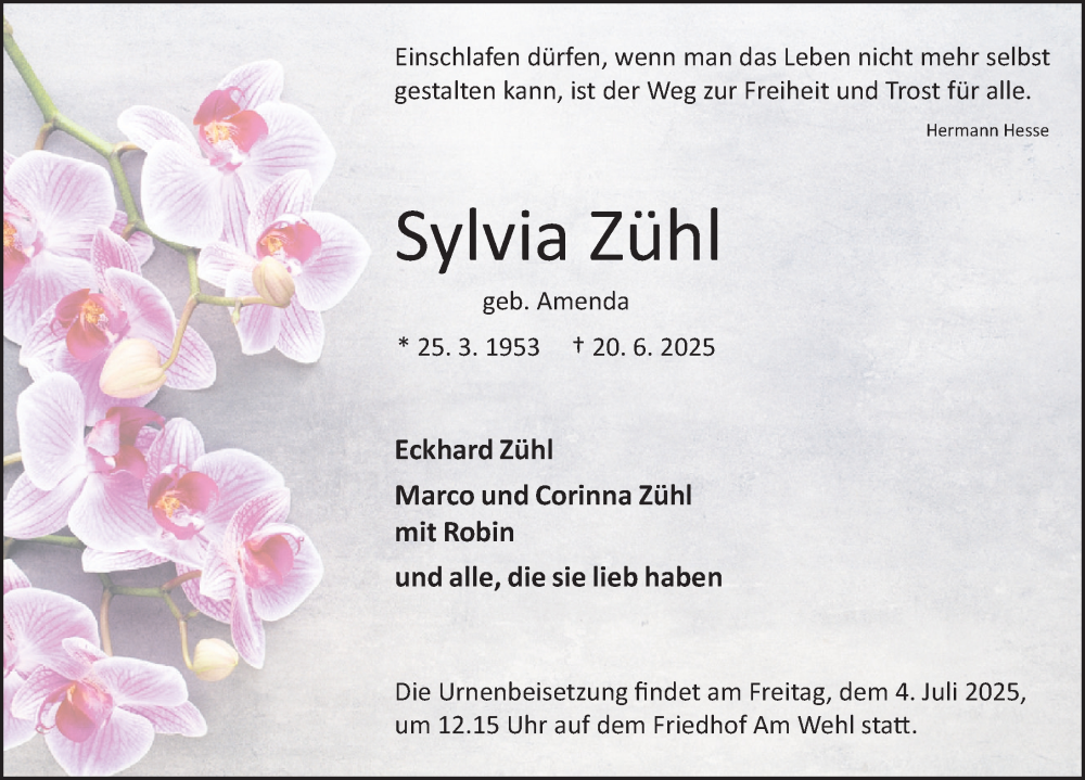 Traueranzeige für Sylvia Zühl vom 28.06.2025 aus Deister- und Weserzeitung