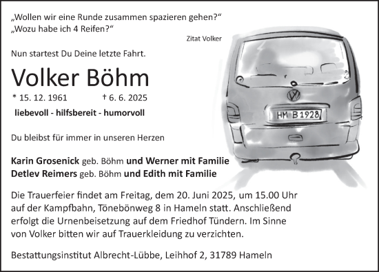 Traueranzeige von Volker Böhm von Deister- und Weserzeitung