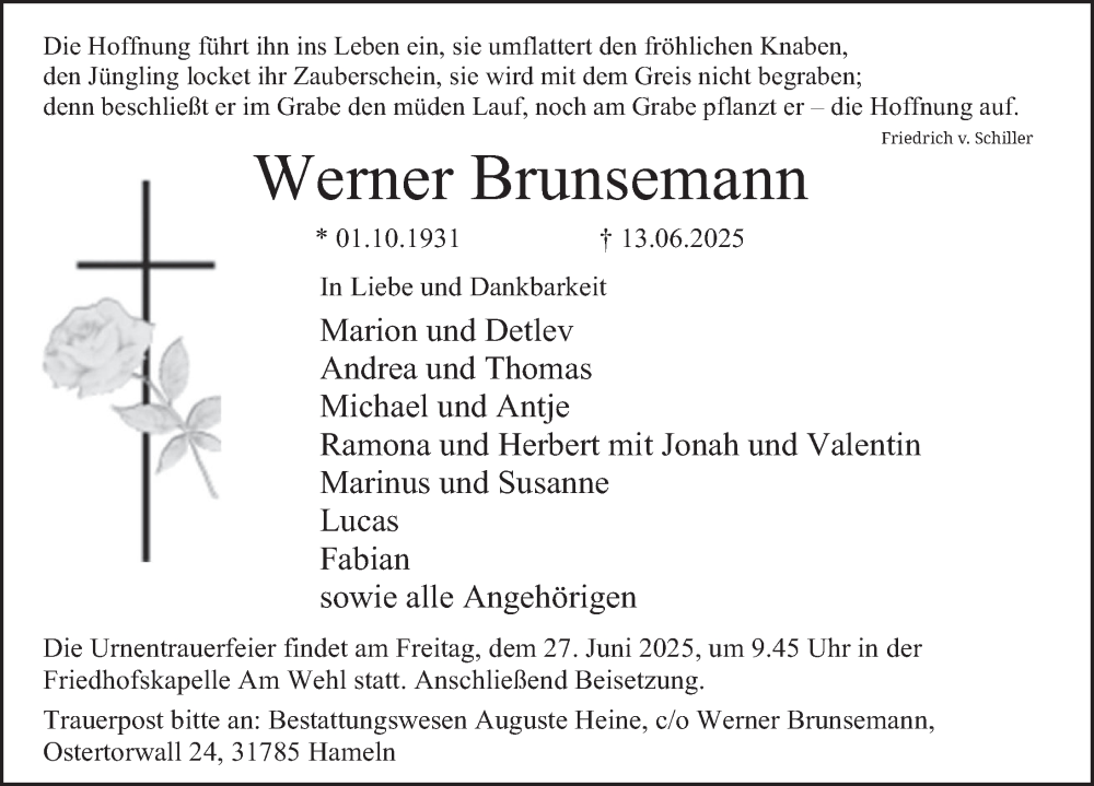  Traueranzeige für Werner Brunsemann vom 21.06.2025 aus Deister- und Weserzeitung