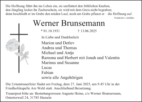 Traueranzeige von Werner Brunsemann von Deister- und Weserzeitung