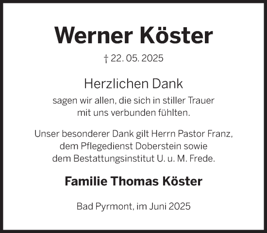Traueranzeige von Werner Köster von Deister- und Weserzeitung