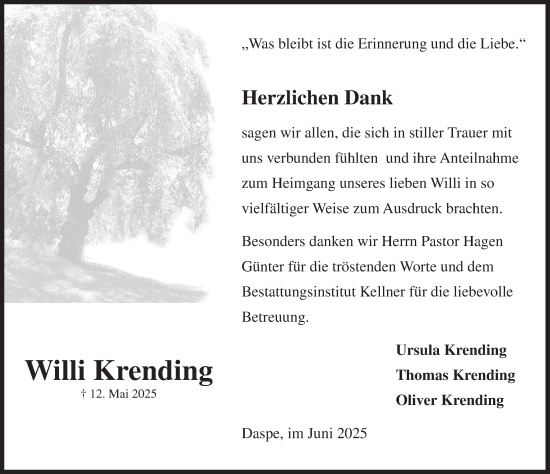 Traueranzeige von Willi Krending von Deister- und Weserzeitung