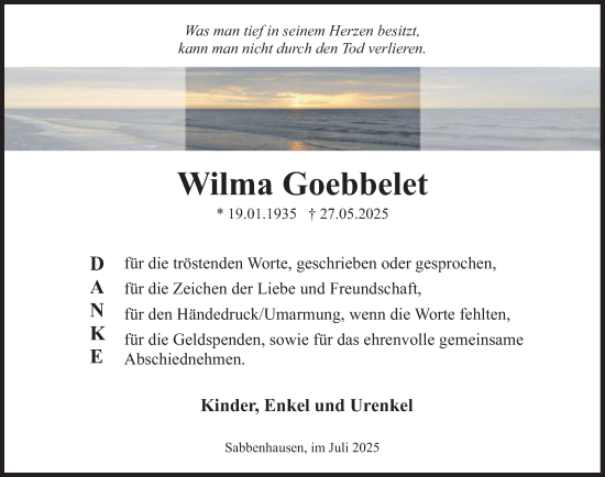Traueranzeige von Wilma Goebbelet von Deister- und Weserzeitung