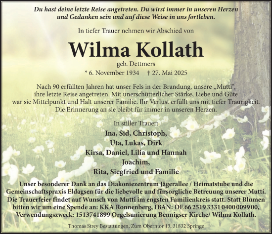 Traueranzeige von Wilma Kollath von Neue Deister-Zeitung