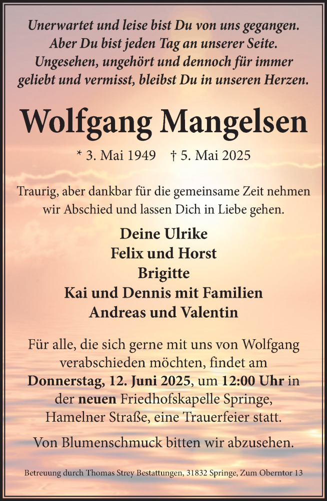  Traueranzeige für Wolfgang Mangelsen vom 07.06.2025 aus Neue Deister-Zeitung