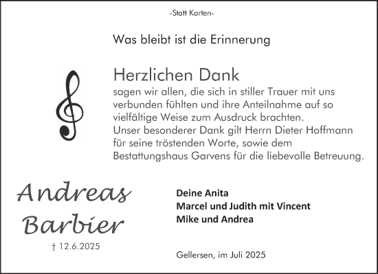Traueranzeige von Andreas Barbier von Deister- und Weserzeitung