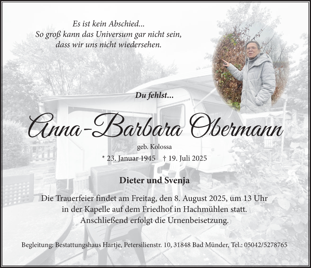  Traueranzeige für Anna-Barbara Obermann vom 02.08.2025 aus Neue Deister-Zeitung